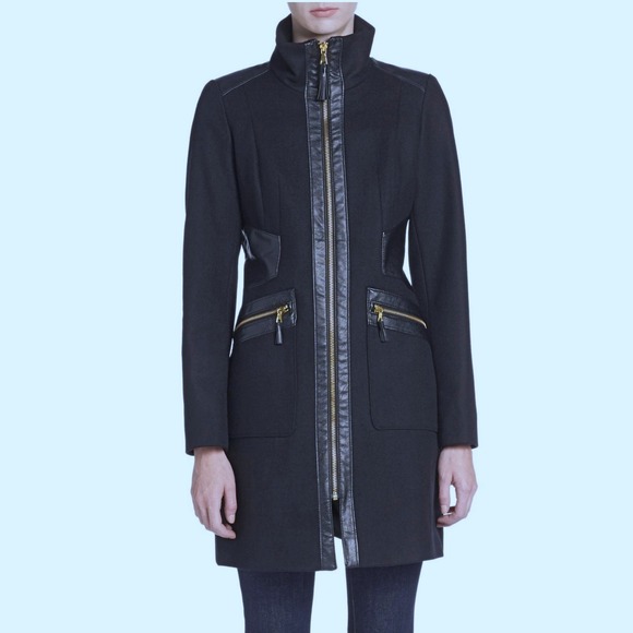 Via Spiga Wool Blend Long Over Coat Leather‎ Trim Full Zip Black Size 8 - Picture 1 of 14